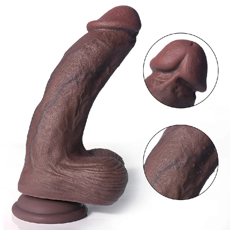 FN85-3 Realistic Soft Coffee Color Liquid Silicone Vein Texture Suction Cup Dildo with Balls 6-9 Inch (3 Size)