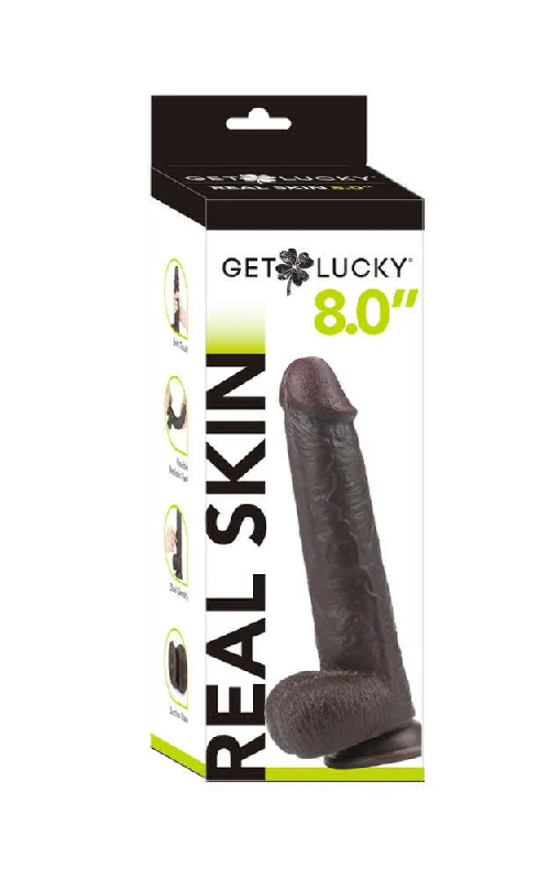 Get Lucky 8 Inch Real Skin Dildo - Dark Brown