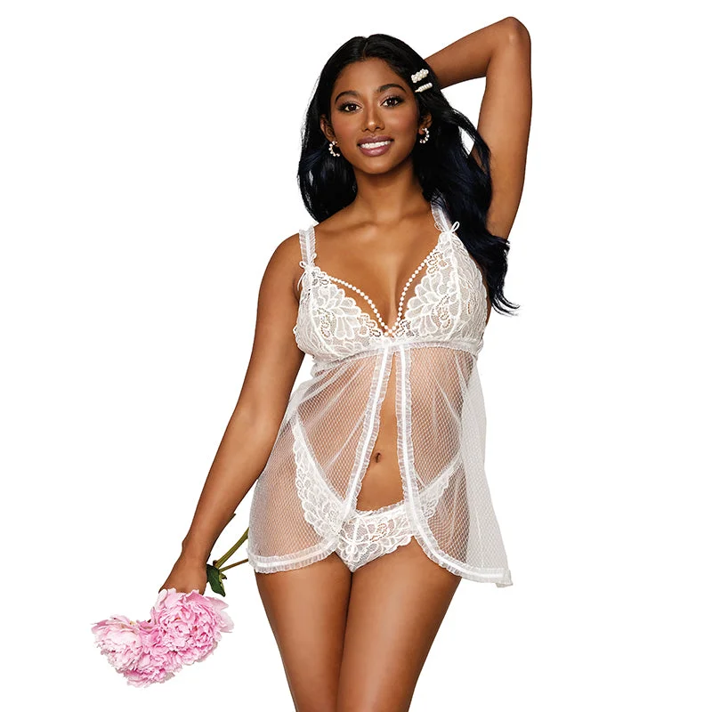 Dreamgirl Lace Mesh Babydoll With Pearl Accents & Lace Pearl G-String White O/S