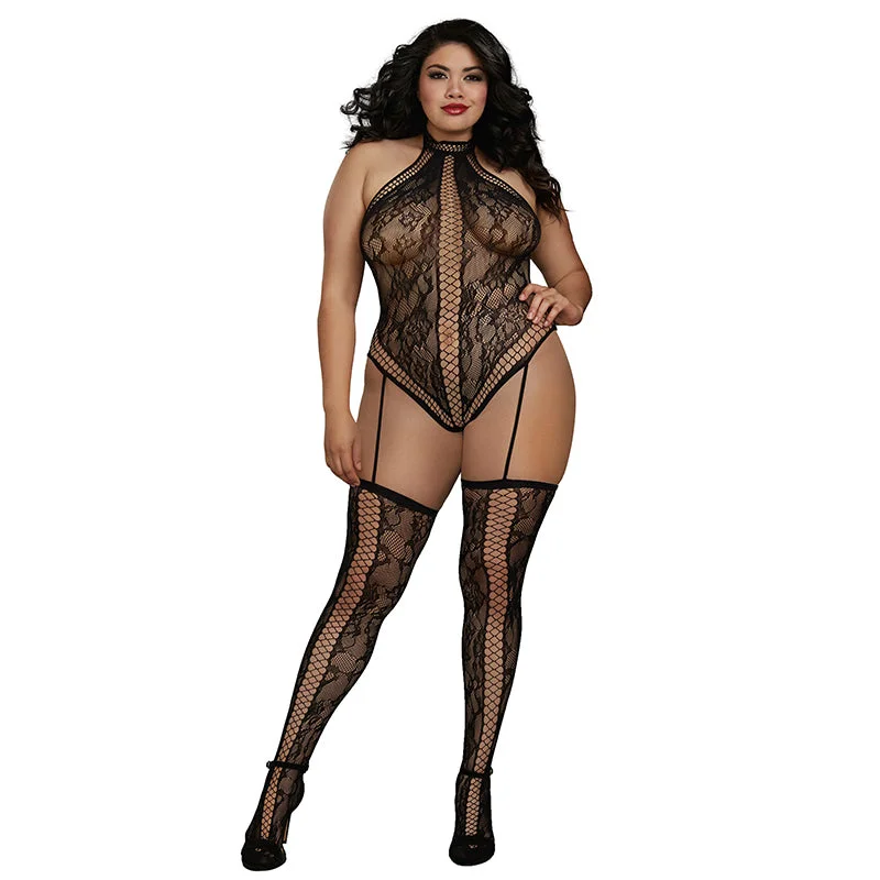 Dreamgirl Lace Teddy Bodystocking With Criss-Cross Details and Halter Neckline With Snap-Neck Closure Black Queen