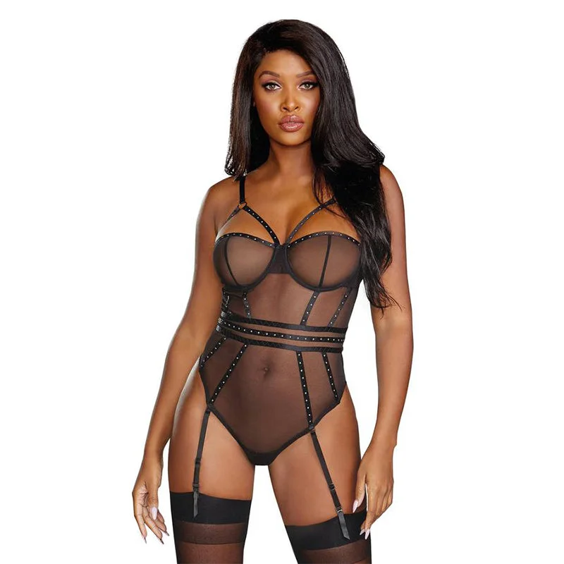 Dreamgirl Sheer Stretch Mesh Snap Crotch Teddy With Removable Garters Black XL Hanging