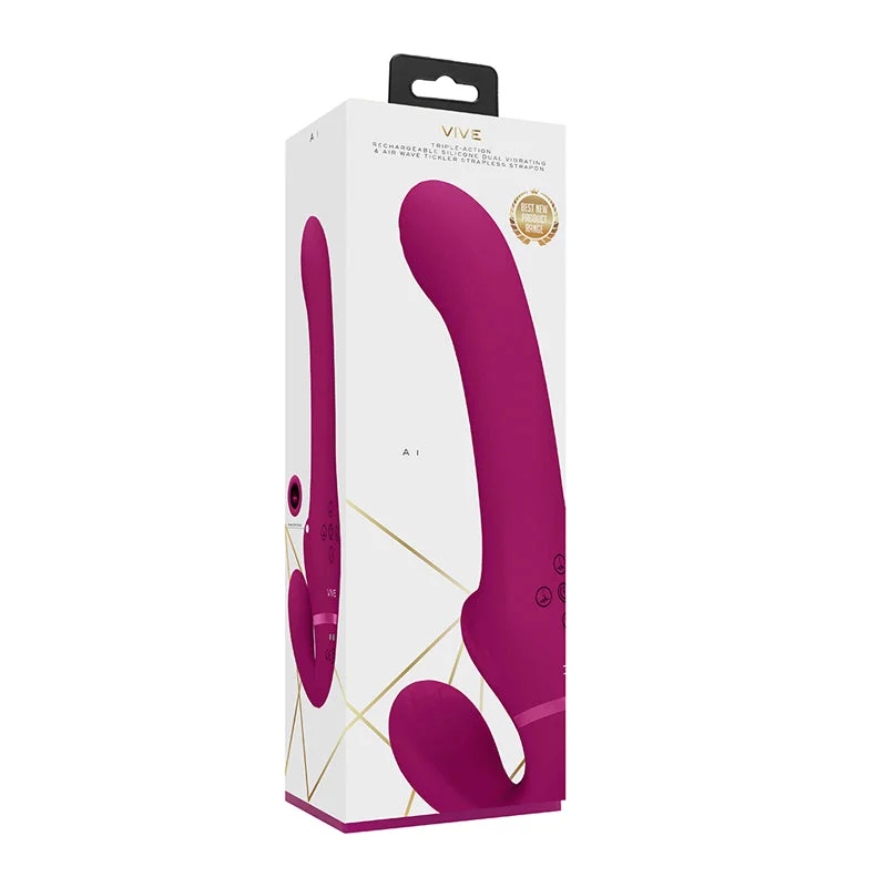 VIVE AI Rechargeable Dual Vibrating & Air Wave Tickler Silicone Strapless Strapon Pink