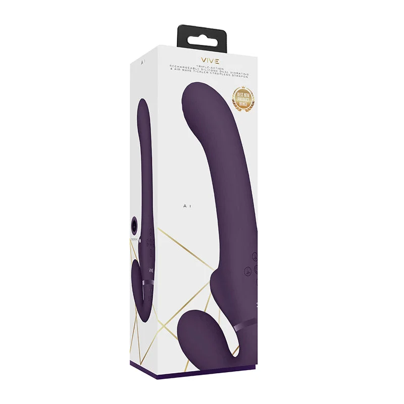 VIVE AI Rechargeable Dual Vibrating & Air Wave Tickler Silicone Strapless Strapon Purple